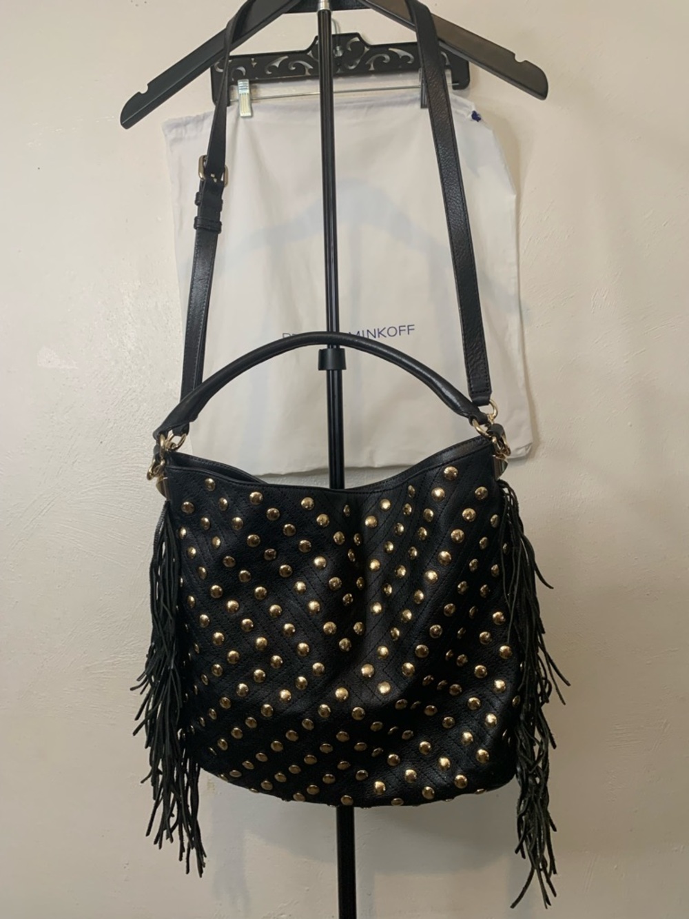 Rebecca Minkoff Black Stud Fringe Hobo Bag with Gold Accents - Picture 5 of 12